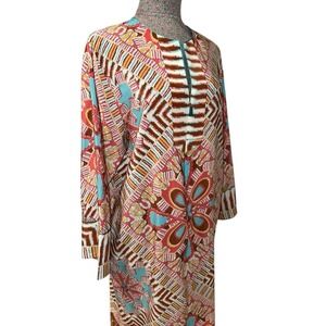 Oscar de la Renta  Size M Boho Kaftan Tunic Dress Geometric Resort Lounge Zip